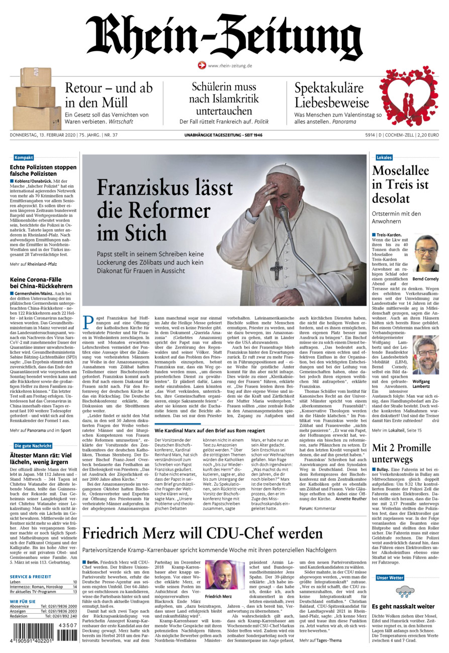 Rhein-Zeitung Kreis Cochem-Zell vom Donnerstag, 13.02.2020