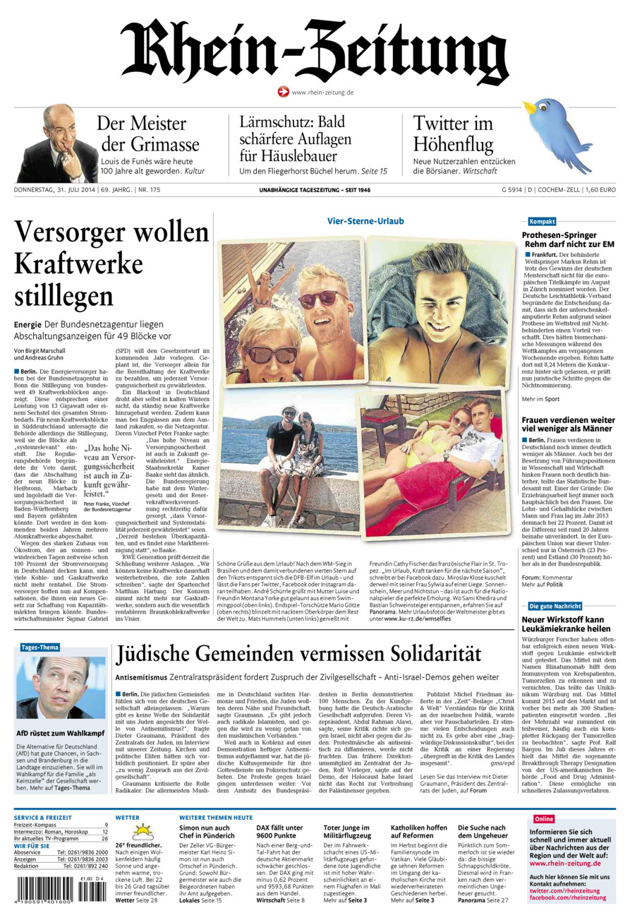 Rhein-Zeitung Kreis Cochem-Zell vom Donnerstag, 31.07.2014