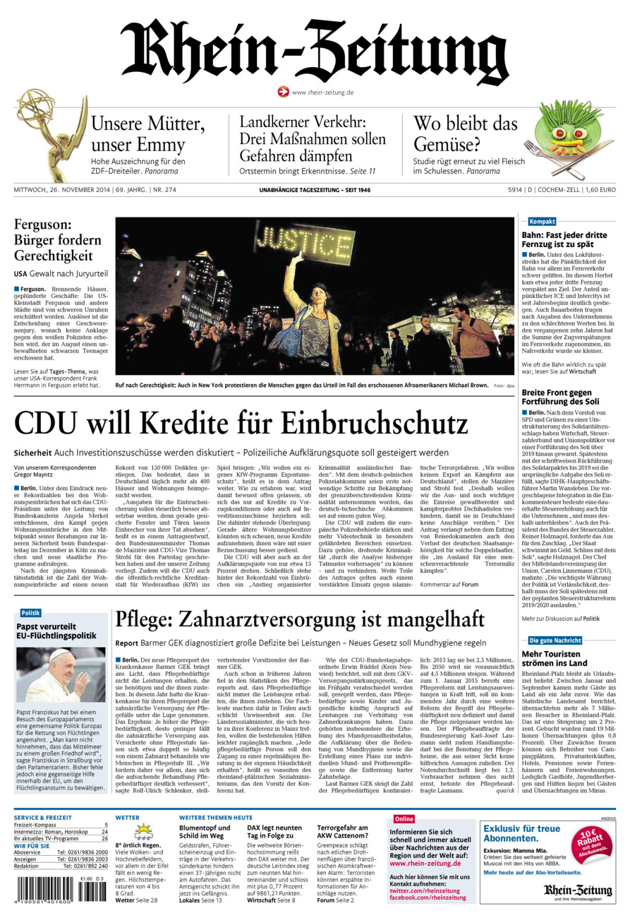 Rhein-Zeitung Kreis Cochem-Zell vom Mittwoch, 26.11.2014
