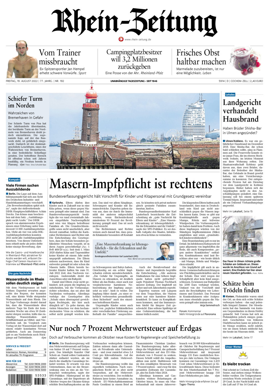 Rhein-Zeitung Kreis Cochem-Zell vom Freitag, 19.08.2022