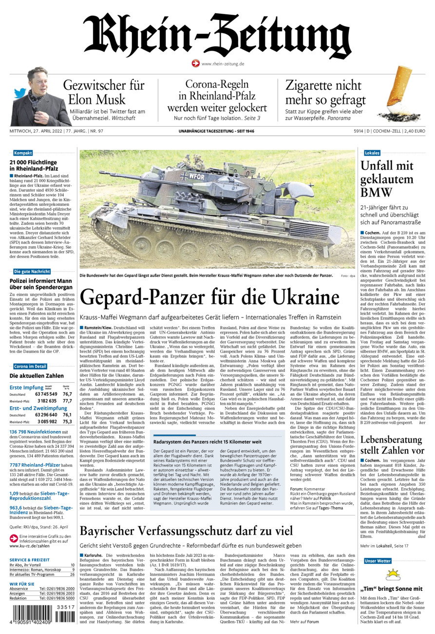 Rhein-Zeitung Kreis Cochem-Zell vom Mittwoch, 27.04.2022