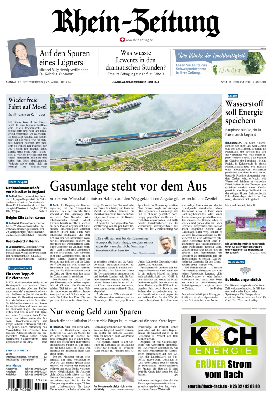Rhein-Zeitung Kreis Cochem-Zell vom Montag, 26.09.2022