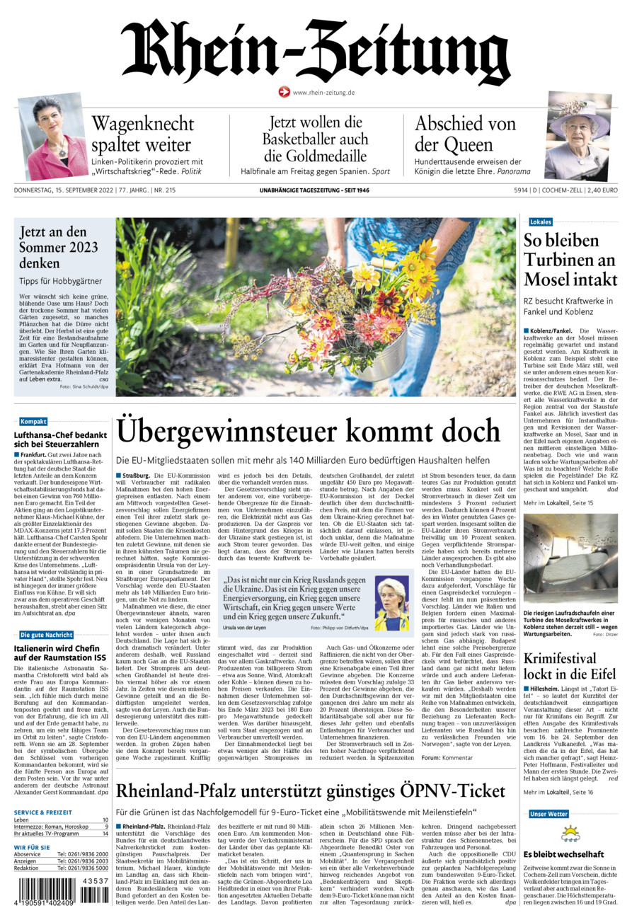 Rhein-Zeitung Kreis Cochem-Zell vom Donnerstag, 15.09.2022