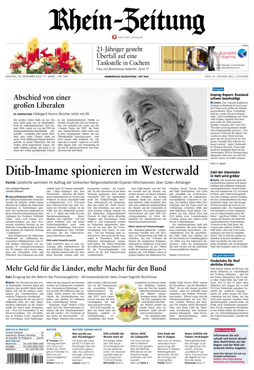 Rhein-Zeitung Kreis Cochem-Zell vom Samstag, 10.12.2016