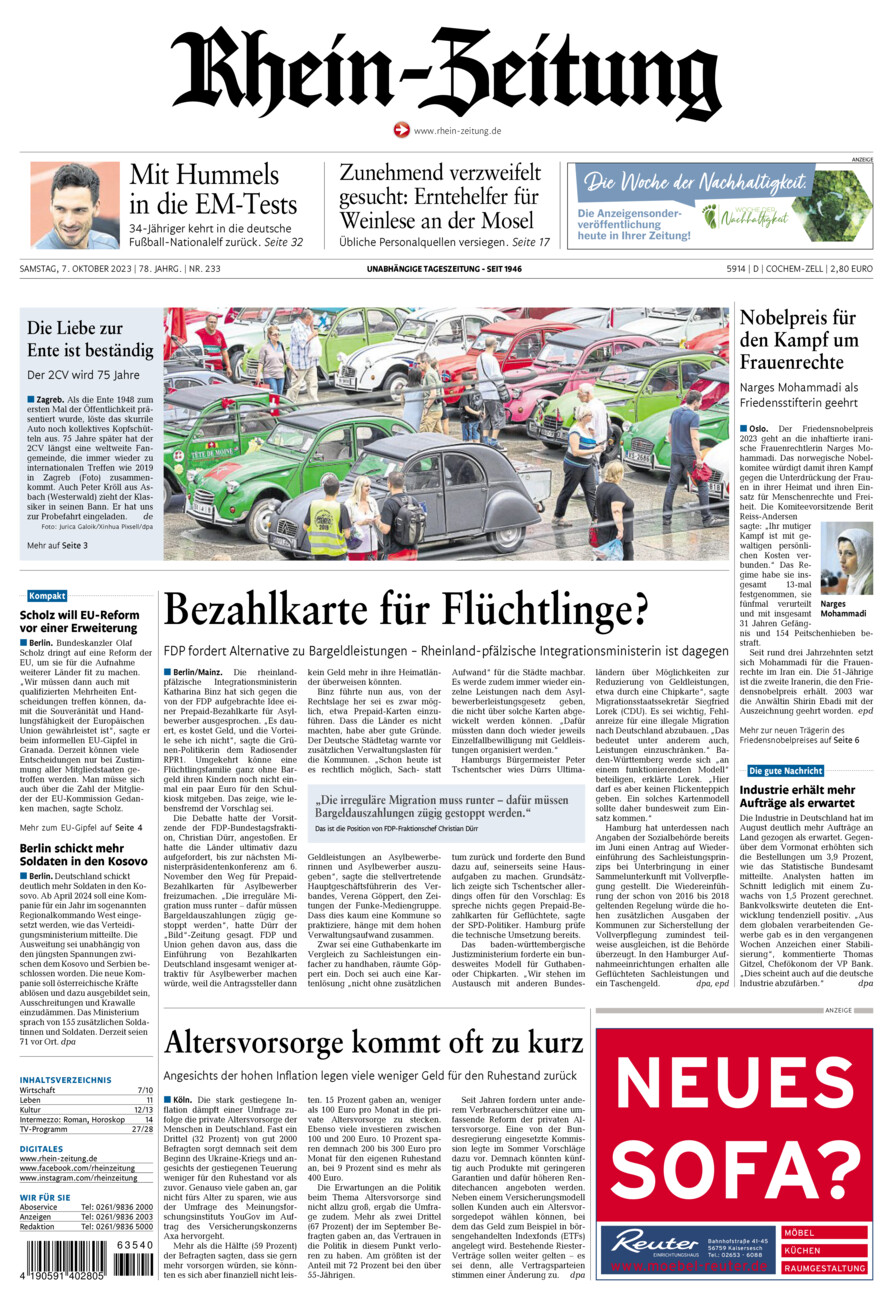 Rhein-Zeitung Kreis Cochem-Zell vom Samstag, 07.10.2023
