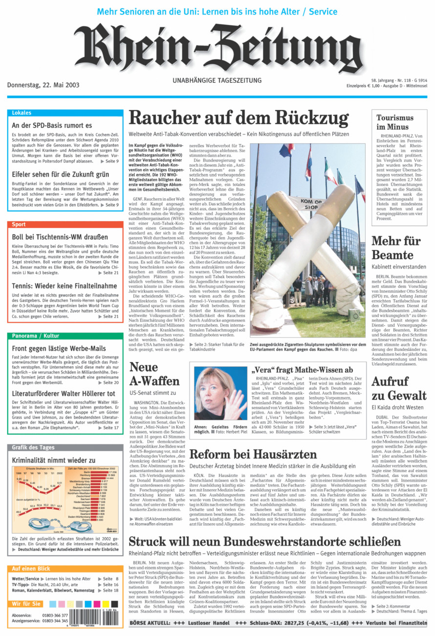 Rhein-Zeitung Kreis Cochem-Zell vom Donnerstag, 22.05.2003