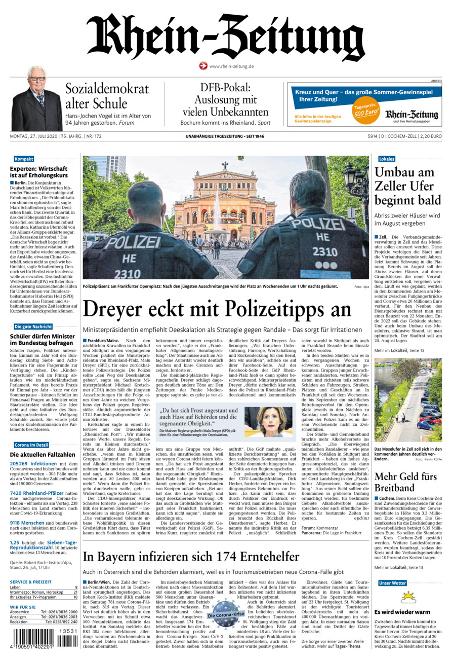 Rhein-Zeitung Kreis Cochem-Zell vom Montag, 27.07.2020