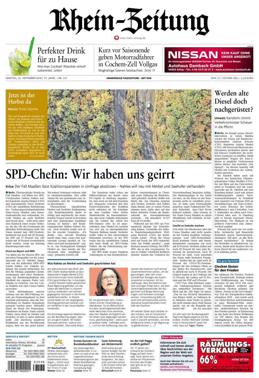 Rhein-Zeitung Kreis Cochem-Zell vom Samstag, 22.09.2018