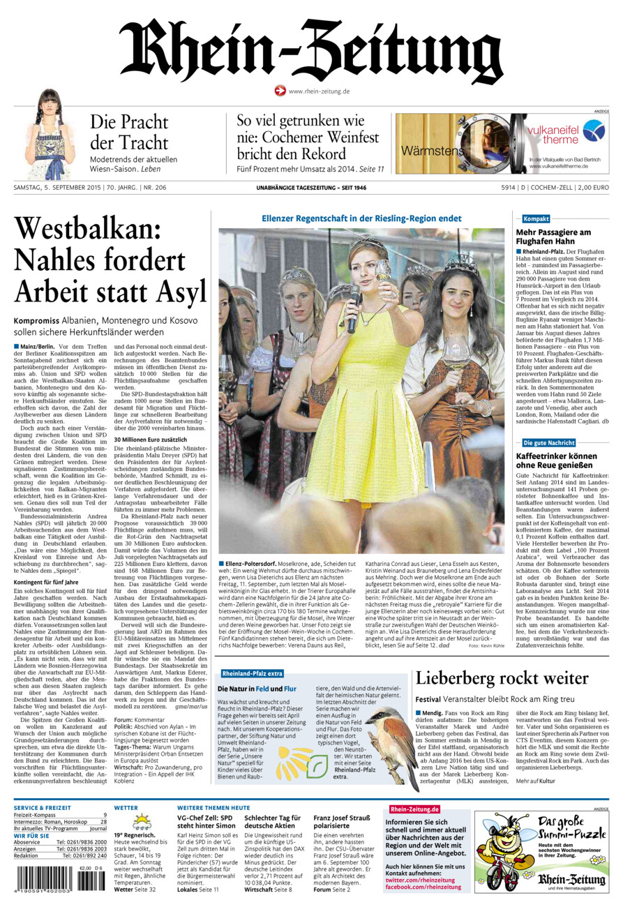 Rhein-Zeitung Kreis Cochem-Zell vom Samstag, 05.09.2015