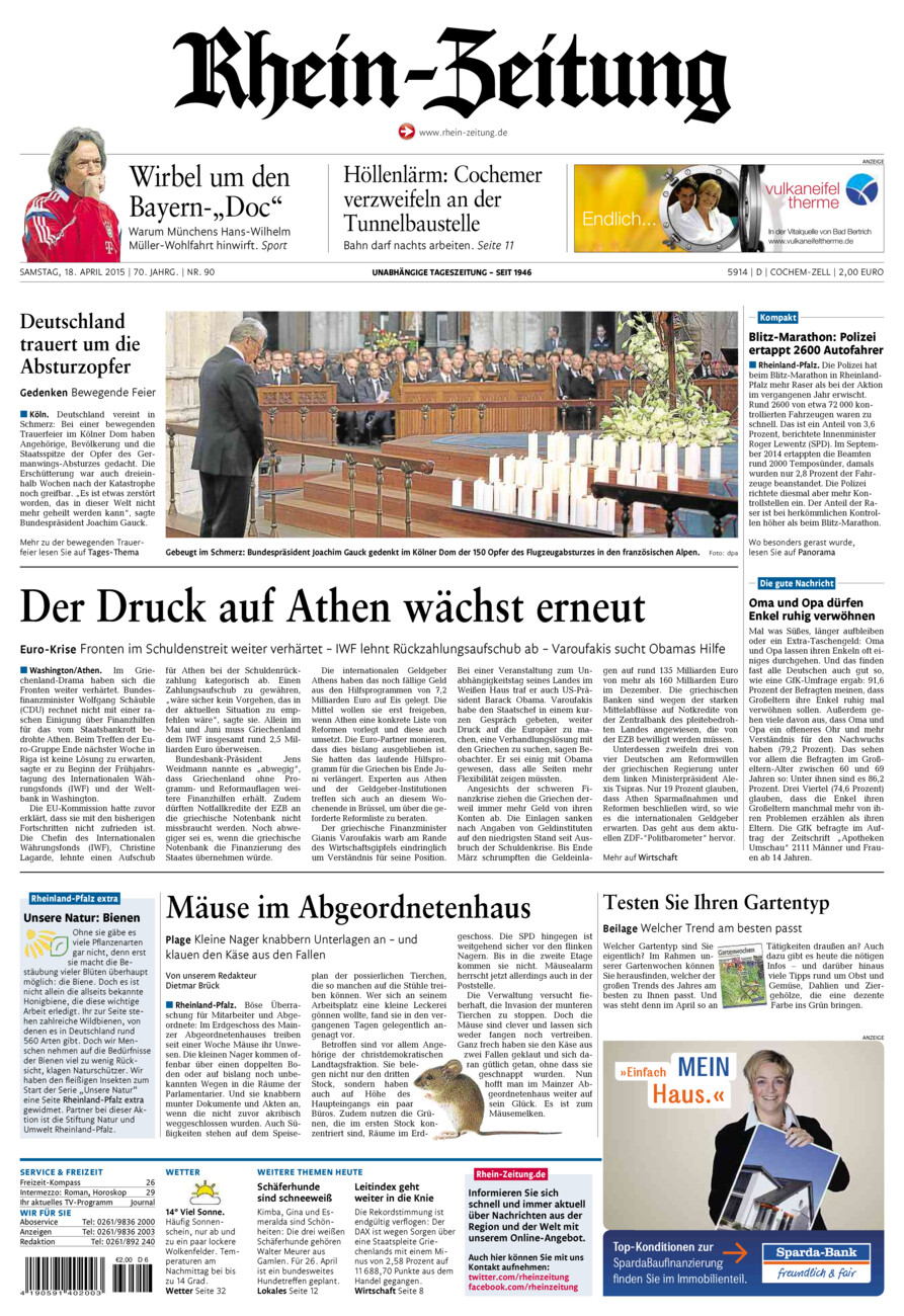 Rhein-Zeitung Kreis Cochem-Zell vom Samstag, 18.04.2015