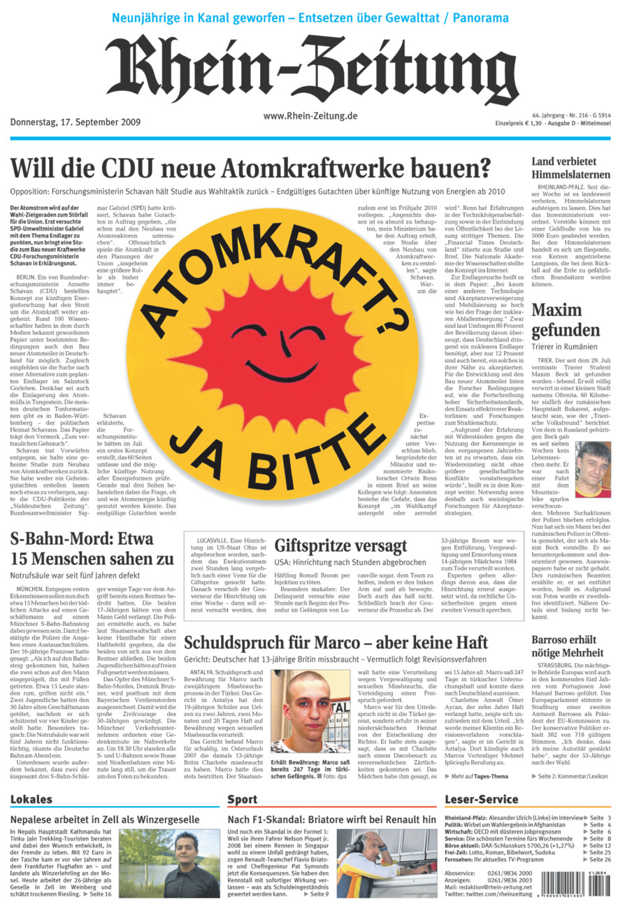 Rhein-Zeitung Kreis Cochem-Zell vom Donnerstag, 17.09.2009