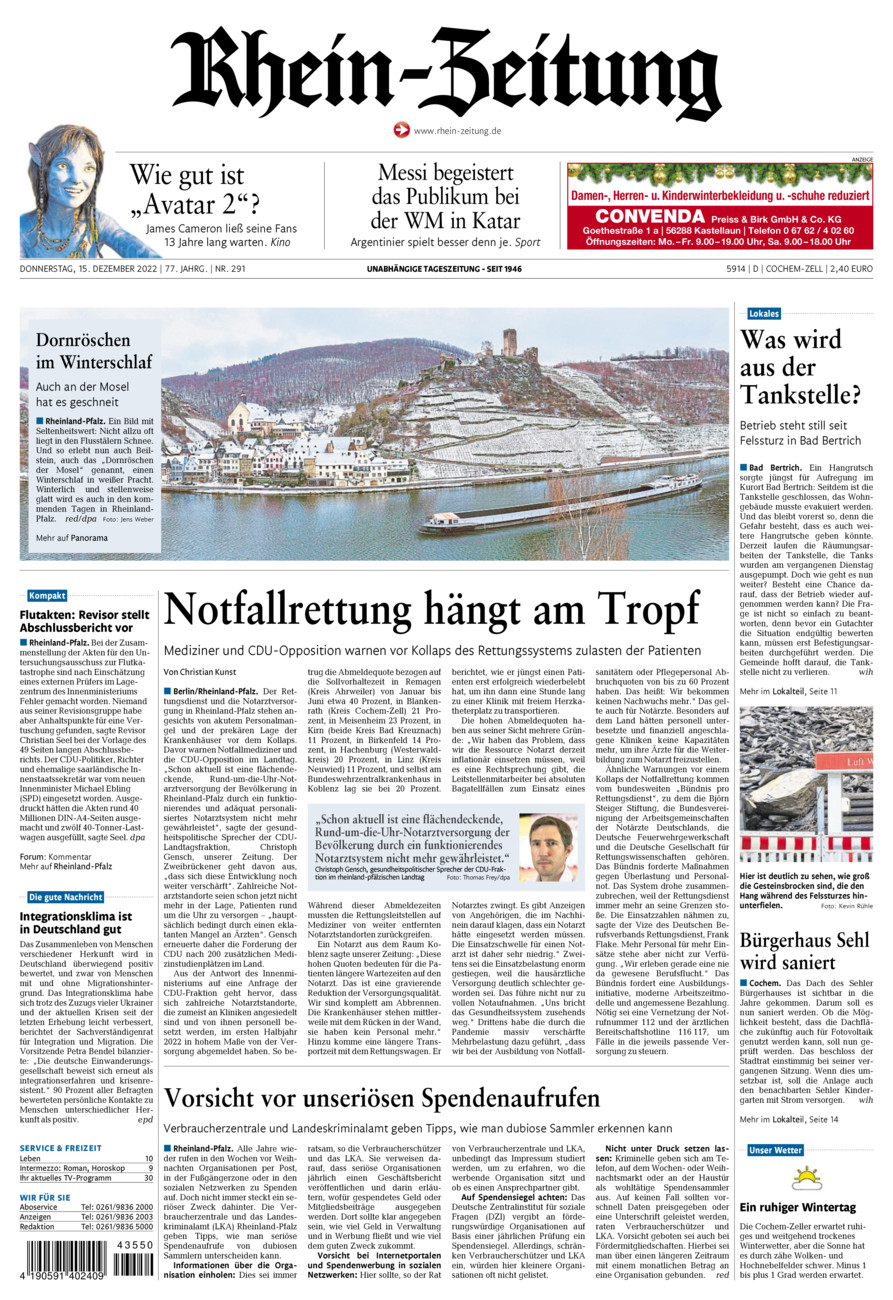 Rhein-Zeitung Kreis Cochem-Zell vom Donnerstag, 15.12.2022