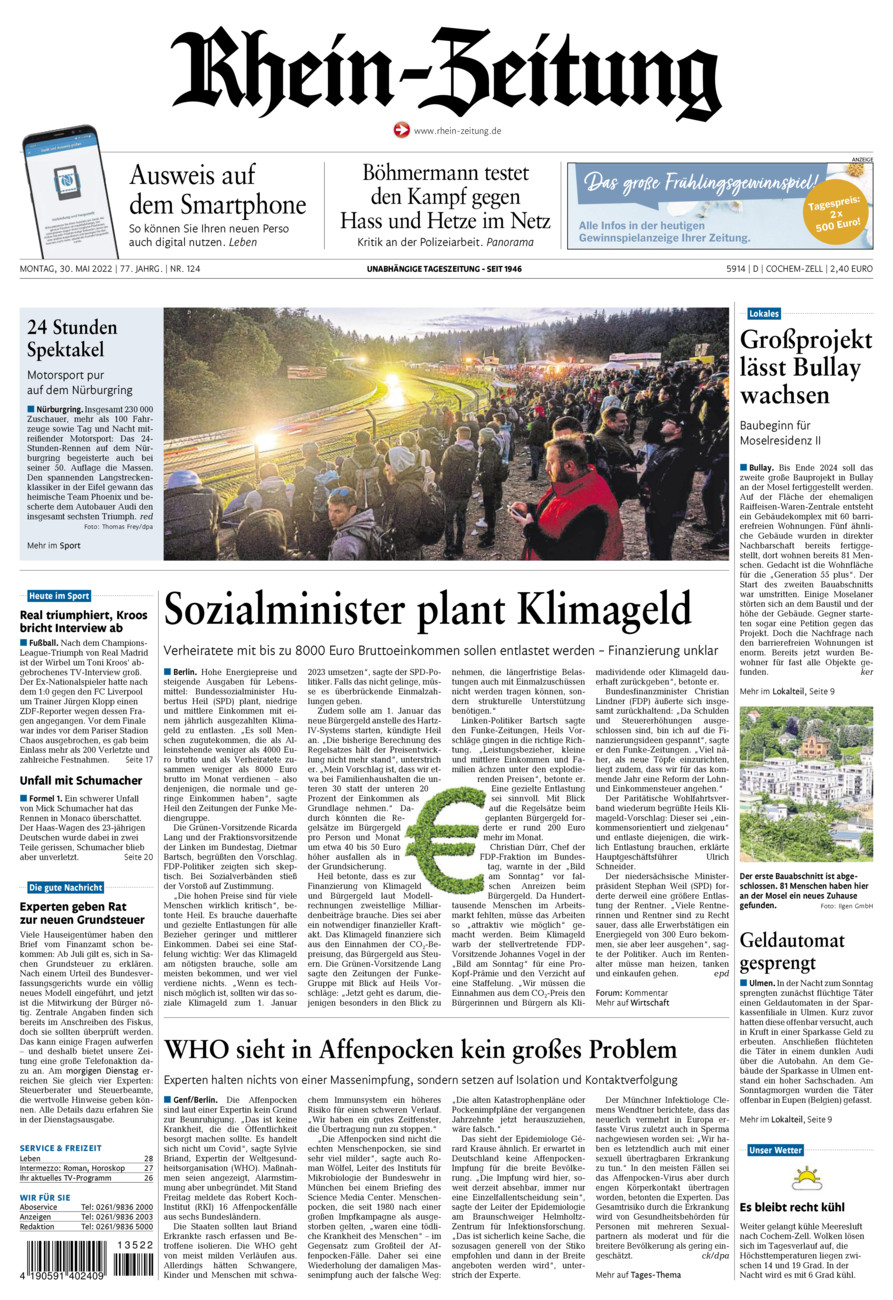 Rhein-Zeitung Kreis Cochem-Zell vom Montag, 30.05.2022