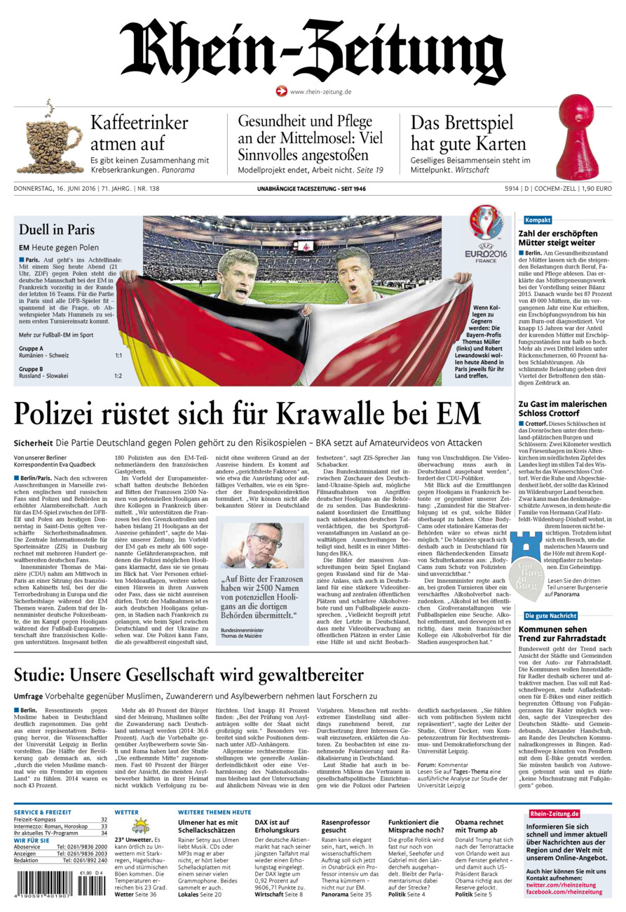 Rhein-Zeitung Kreis Cochem-Zell vom Donnerstag, 16.06.2016