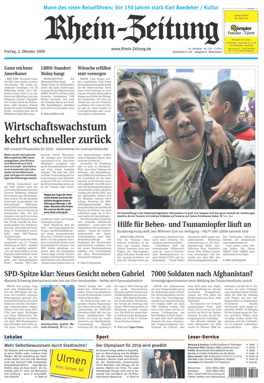 Rhein-Zeitung Kreis Cochem-Zell vom Freitag, 02.10.2009
