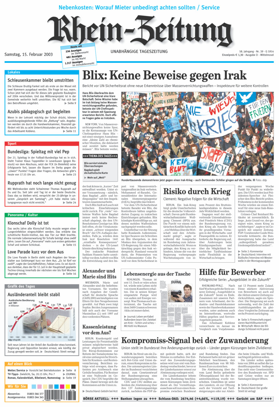 Rhein-Zeitung Kreis Cochem-Zell vom Samstag, 15.02.2003