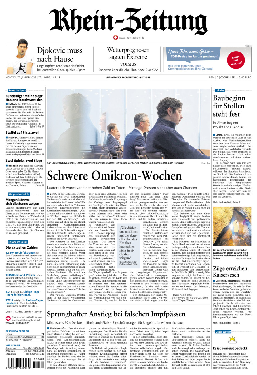 Rhein-Zeitung Kreis Cochem-Zell vom Montag, 17.01.2022