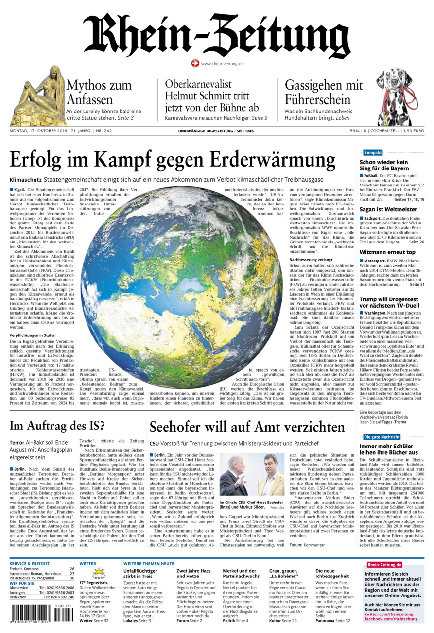 Rhein-Zeitung Kreis Cochem-Zell vom Montag, 17.10.2016