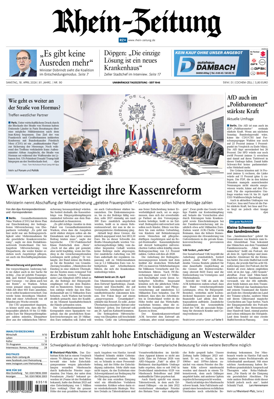 Rhein-Zeitung Kreis Cochem-Zell vom Samstag, 18.04.2026