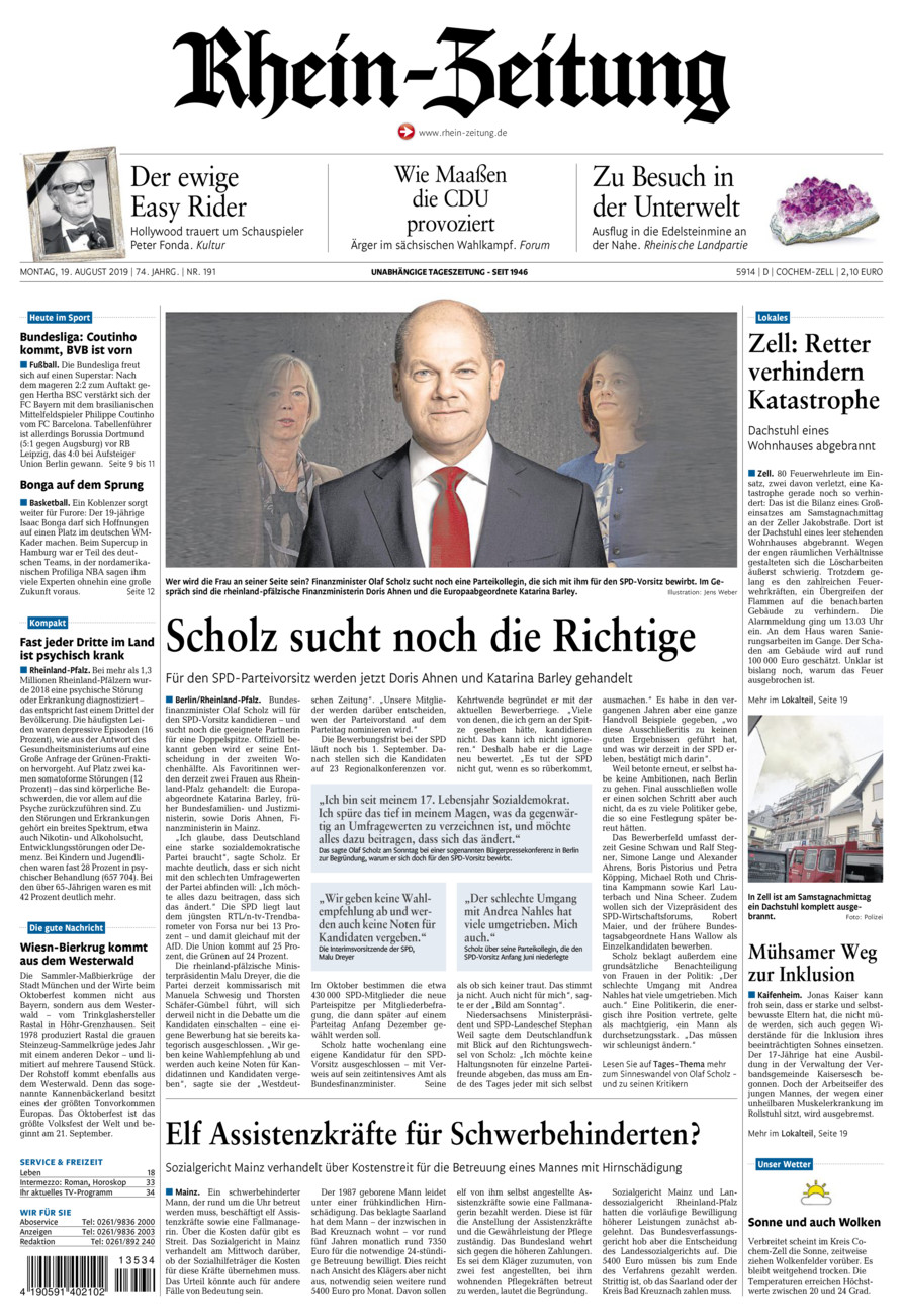 Rhein-Zeitung Kreis Cochem-Zell vom Montag, 19.08.2019
