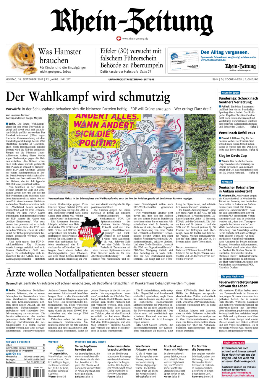 Rhein-Zeitung Kreis Cochem-Zell vom Montag, 18.09.2017