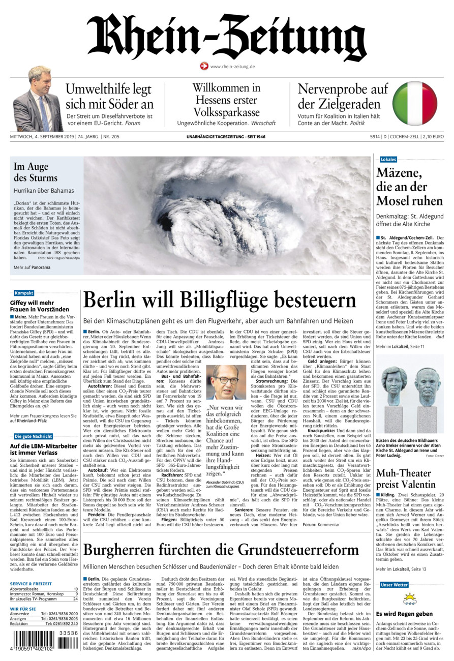 Rhein-Zeitung Kreis Cochem-Zell vom Mittwoch, 04.09.2019