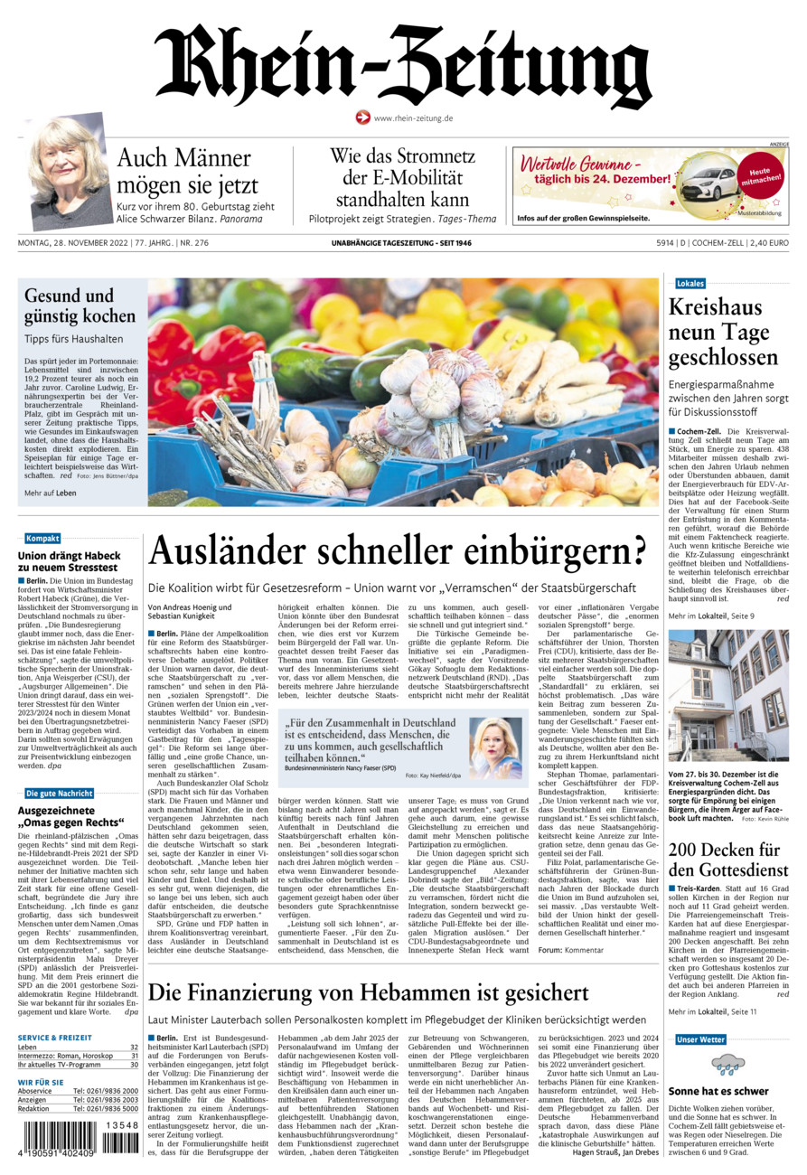 Rhein-Zeitung Kreis Cochem-Zell vom Montag, 28.11.2022