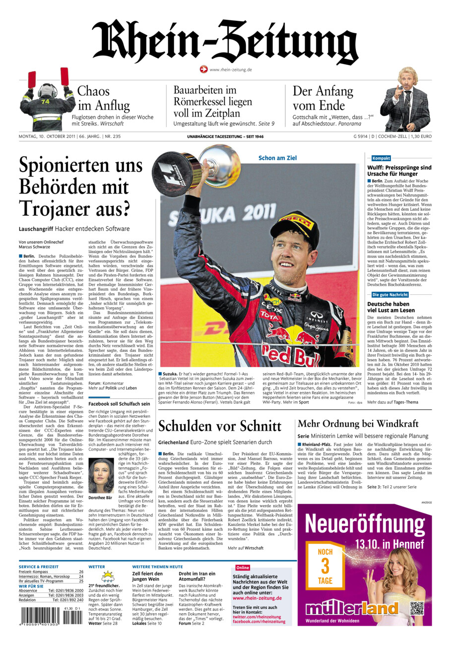 Rhein-Zeitung Kreis Cochem-Zell vom Montag, 10.10.2011