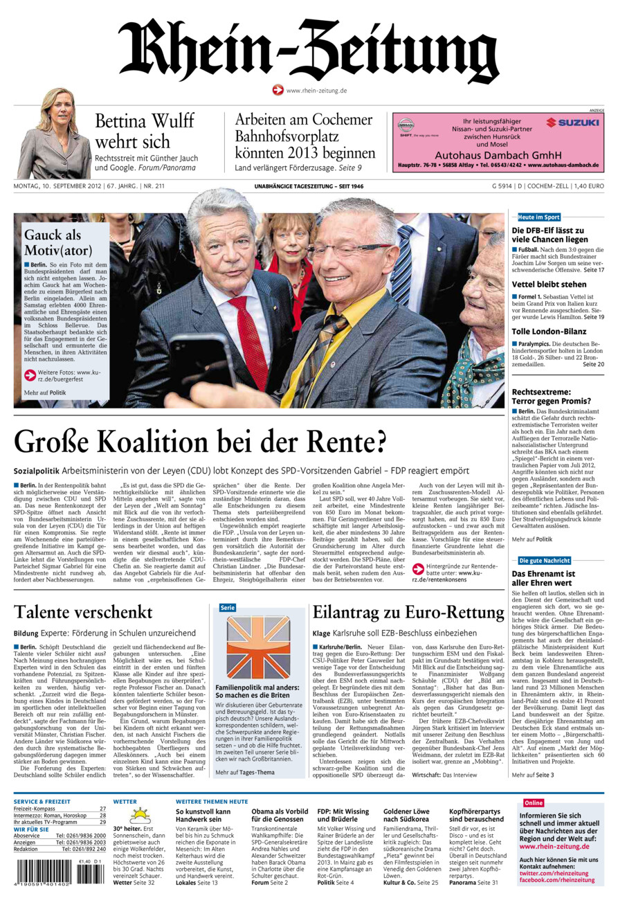 Rhein-Zeitung Kreis Cochem-Zell vom Montag, 10.09.2012
