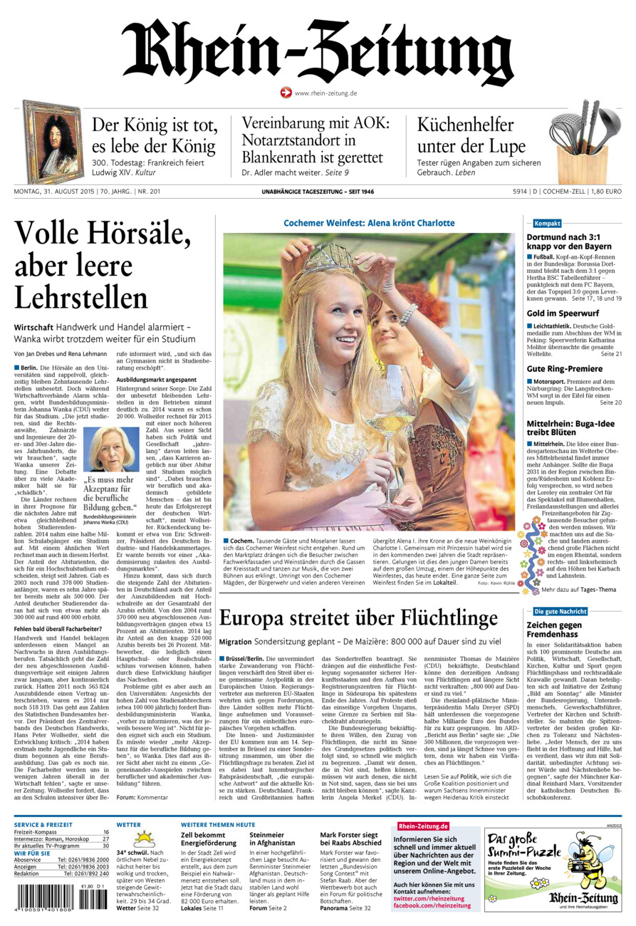 Rhein-Zeitung Kreis Cochem-Zell vom Montag, 31.08.2015