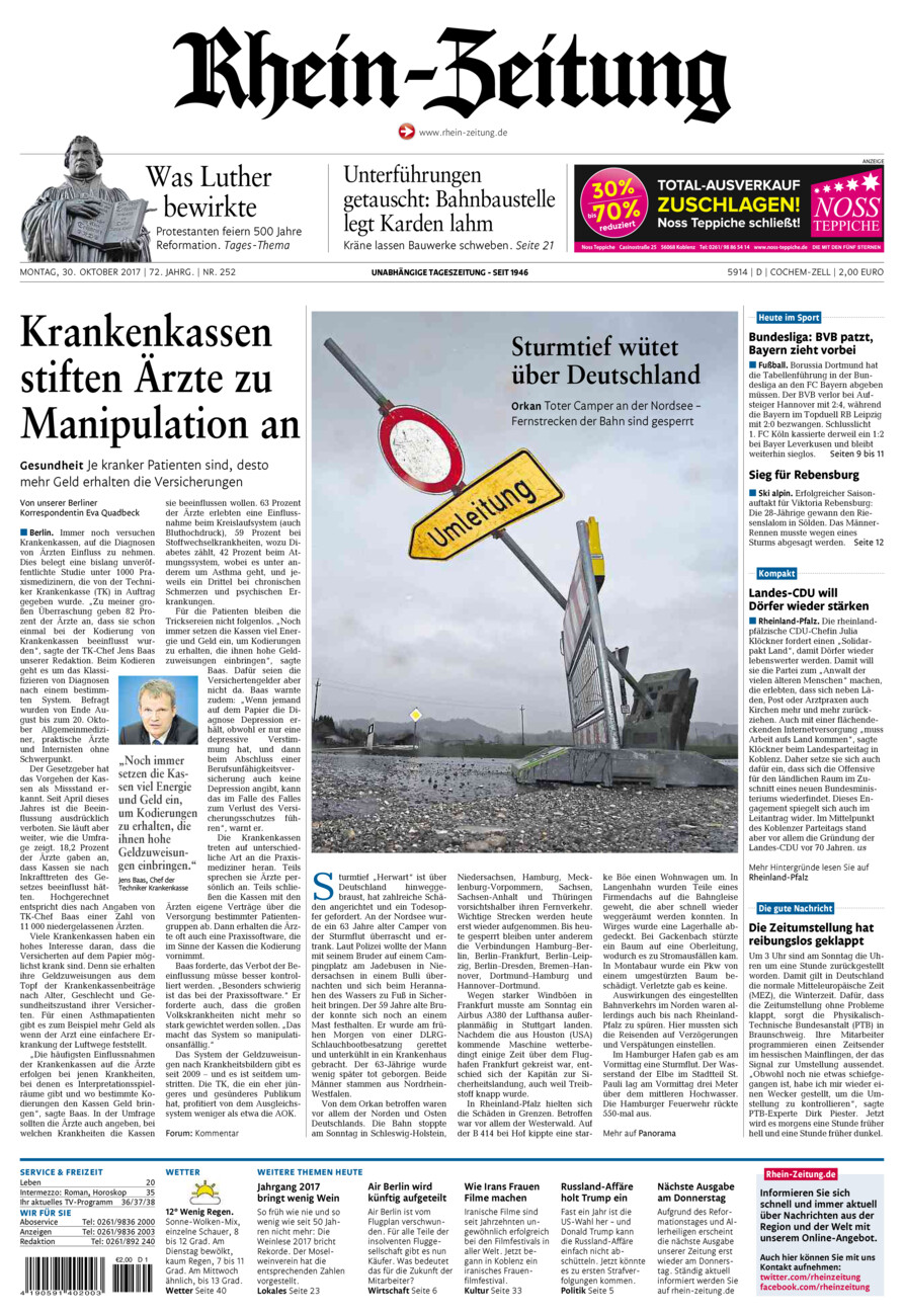 Rhein-Zeitung Kreis Cochem-Zell vom Montag, 30.10.2017