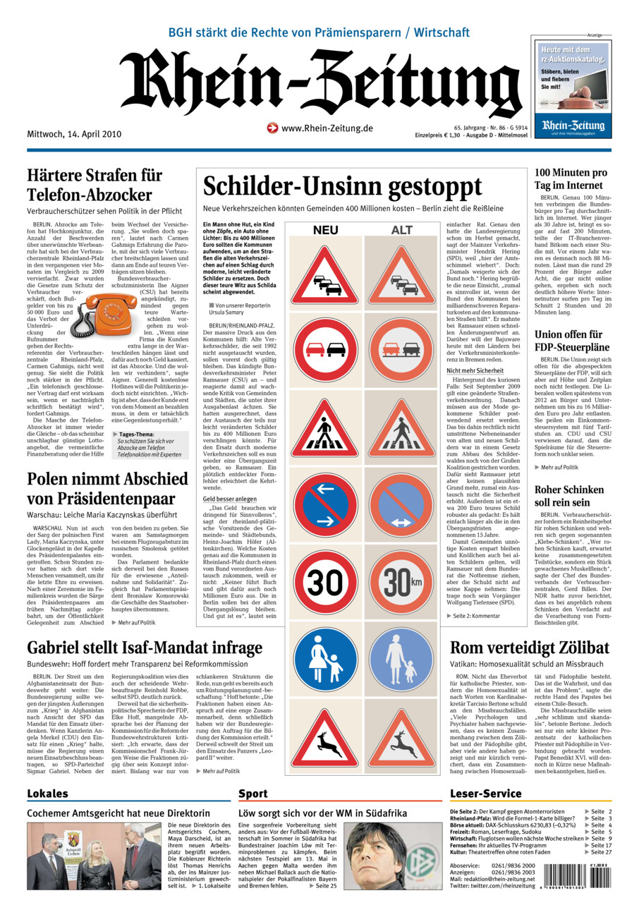 Rhein-Zeitung Kreis Cochem-Zell vom Mittwoch, 14.04.2010
