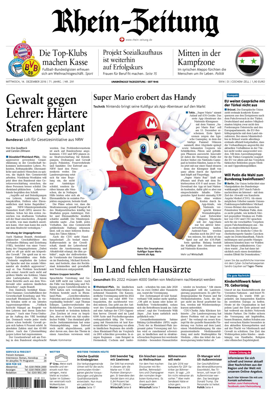 Rhein-Zeitung Kreis Cochem-Zell vom Mittwoch, 14.12.2016