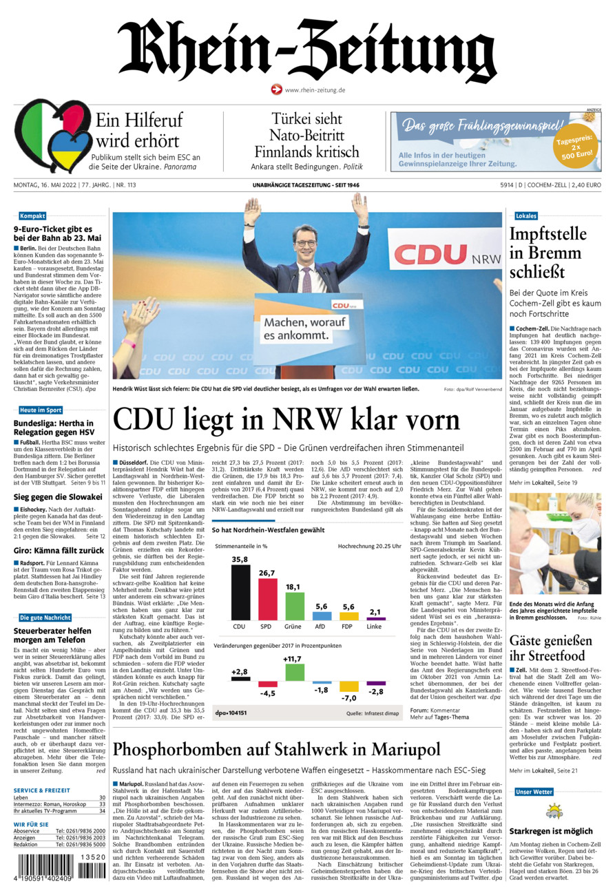 Rhein-Zeitung Kreis Cochem-Zell vom Montag, 16.05.2022