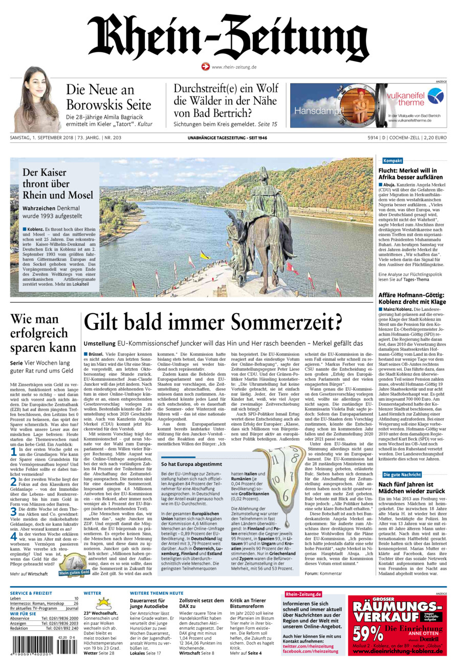 Rhein-Zeitung Kreis Cochem-Zell vom Samstag, 01.09.2018