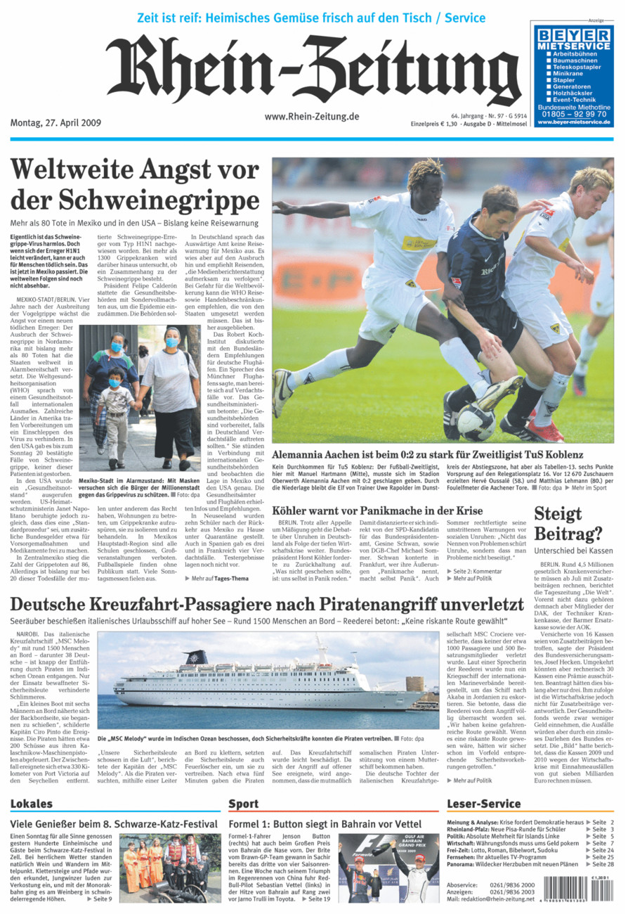 Rhein-Zeitung Kreis Cochem-Zell vom Montag, 27.04.2009