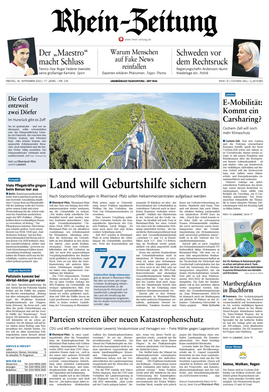 Rhein-Zeitung Kreis Cochem-Zell vom Freitag, 16.09.2022