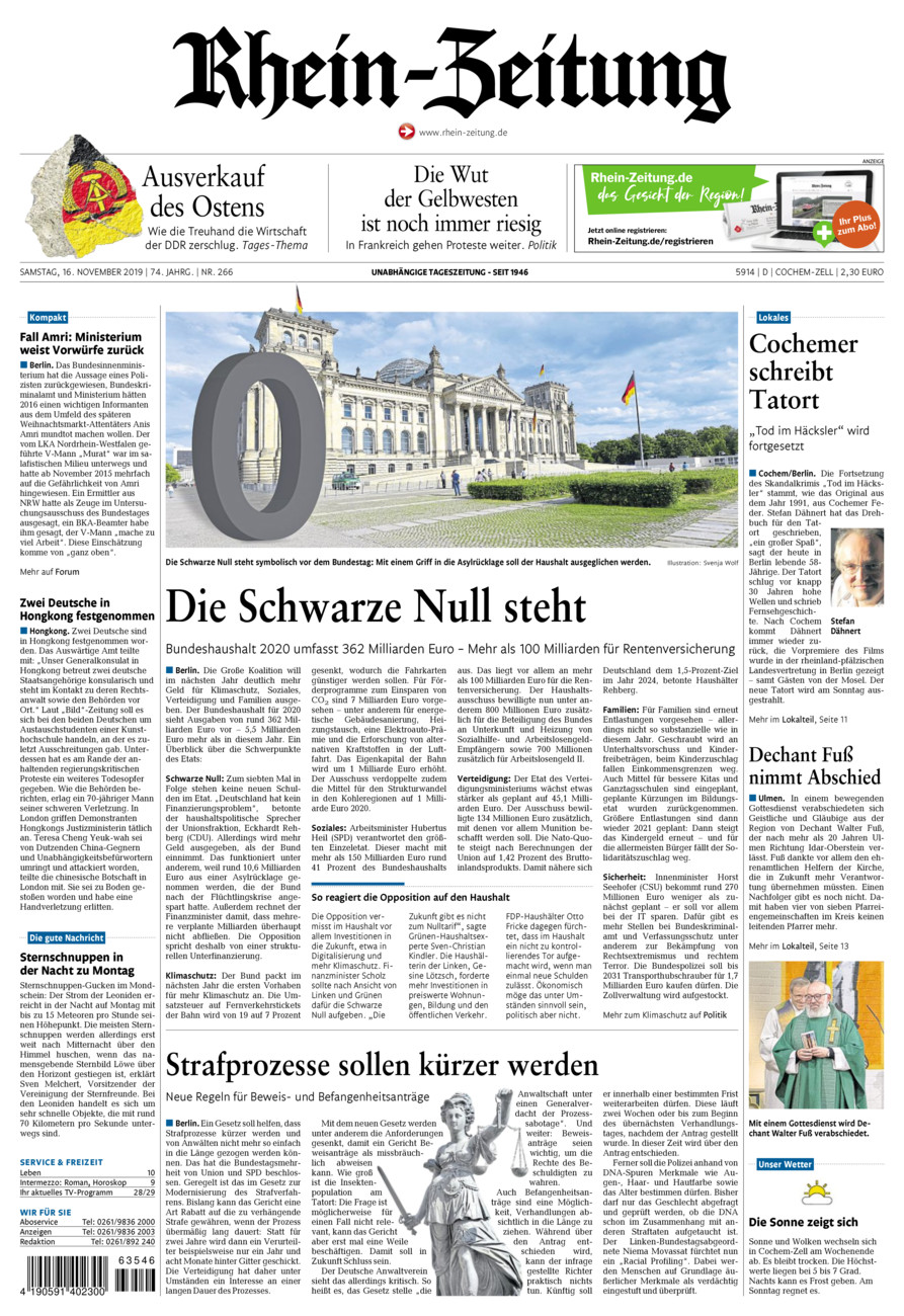 Rhein-Zeitung Kreis Cochem-Zell vom Samstag, 16.11.2019