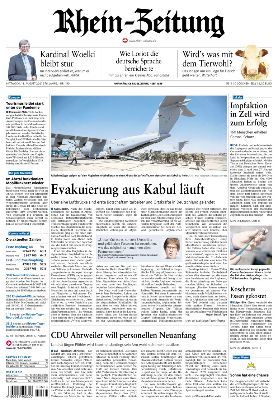 Rhein-Zeitung Kreis Cochem-Zell vom Mittwoch, 18.08.2021
