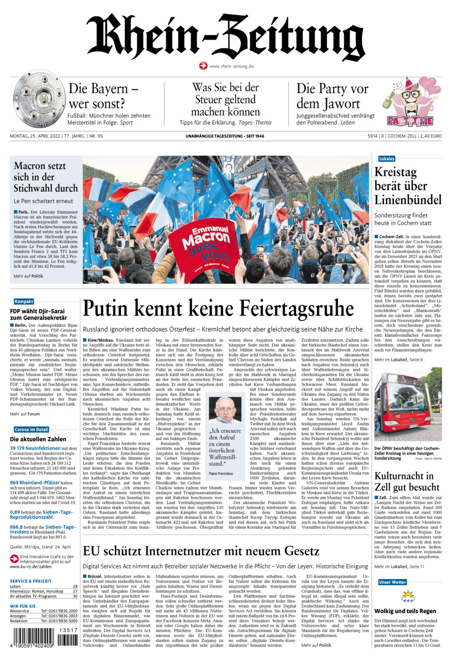 Rhein-Zeitung Kreis Cochem-Zell vom Montag, 25.04.2022