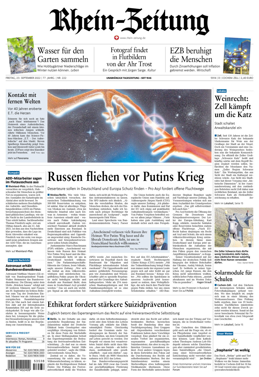 Rhein-Zeitung Kreis Cochem-Zell vom Freitag, 23.09.2022