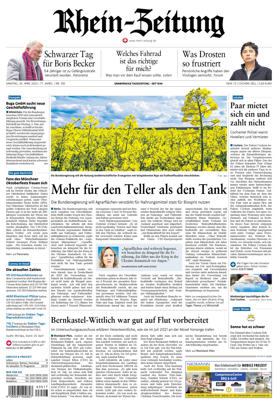 Rhein-Zeitung Kreis Cochem-Zell vom Samstag, 30.04.2022