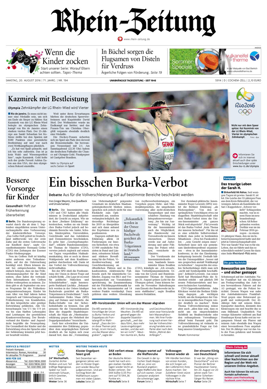 Rhein-Zeitung Kreis Cochem-Zell vom Samstag, 20.08.2016