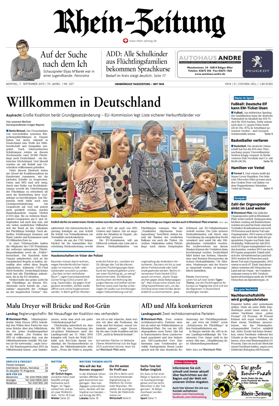 Rhein-Zeitung Kreis Cochem-Zell vom Montag, 07.09.2015