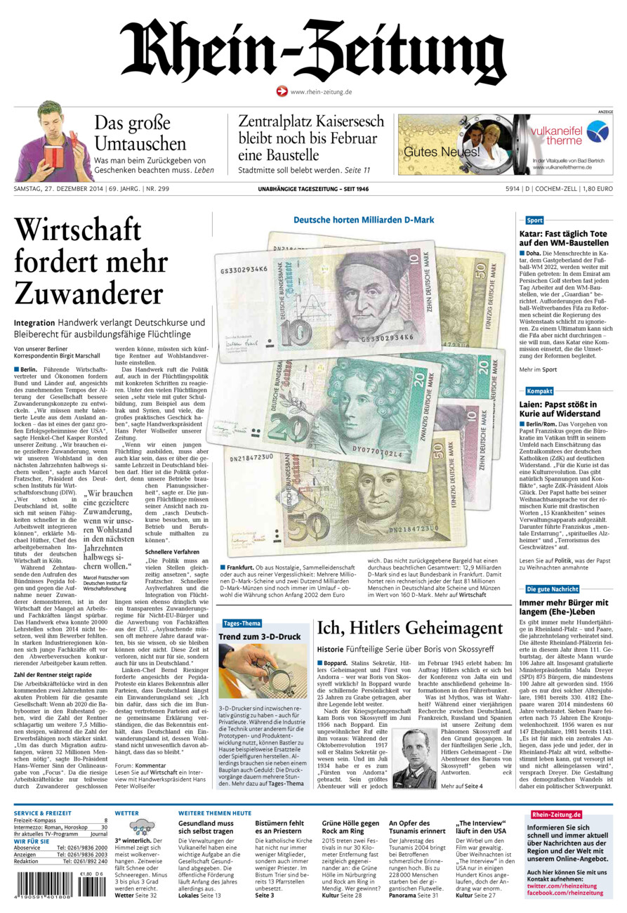 Rhein-Zeitung Kreis Cochem-Zell vom Samstag, 27.12.2014