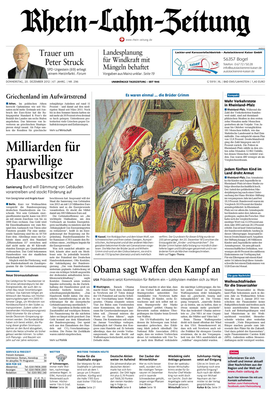 Rhein-Lahn-Zeitung vom Donnerstag, 20.12.2012