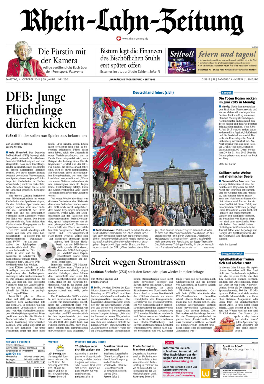 Rhein-Lahn-Zeitung vom Samstag, 04.10.2014