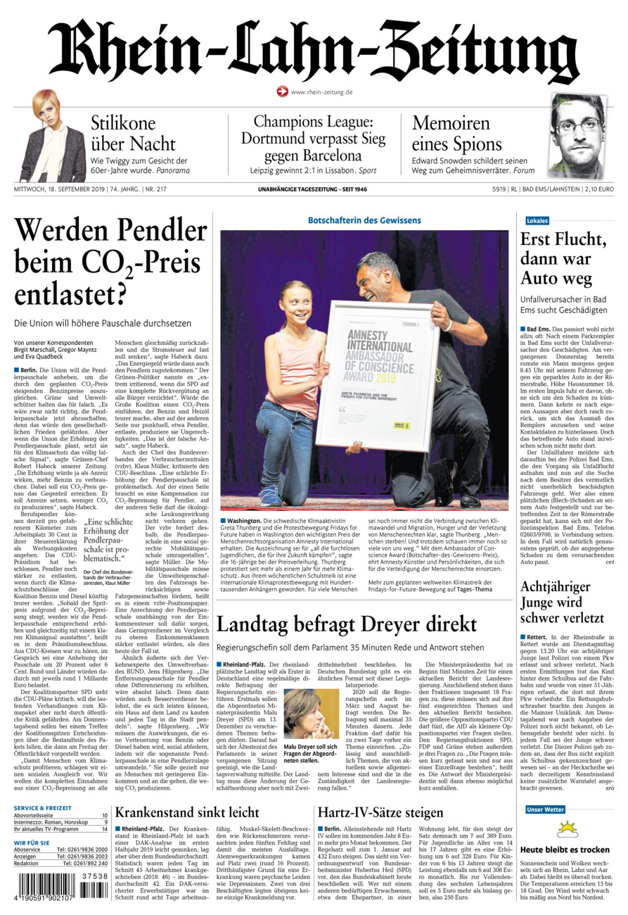 Rhein-Lahn-Zeitung vom Mittwoch, 18.09.2019
