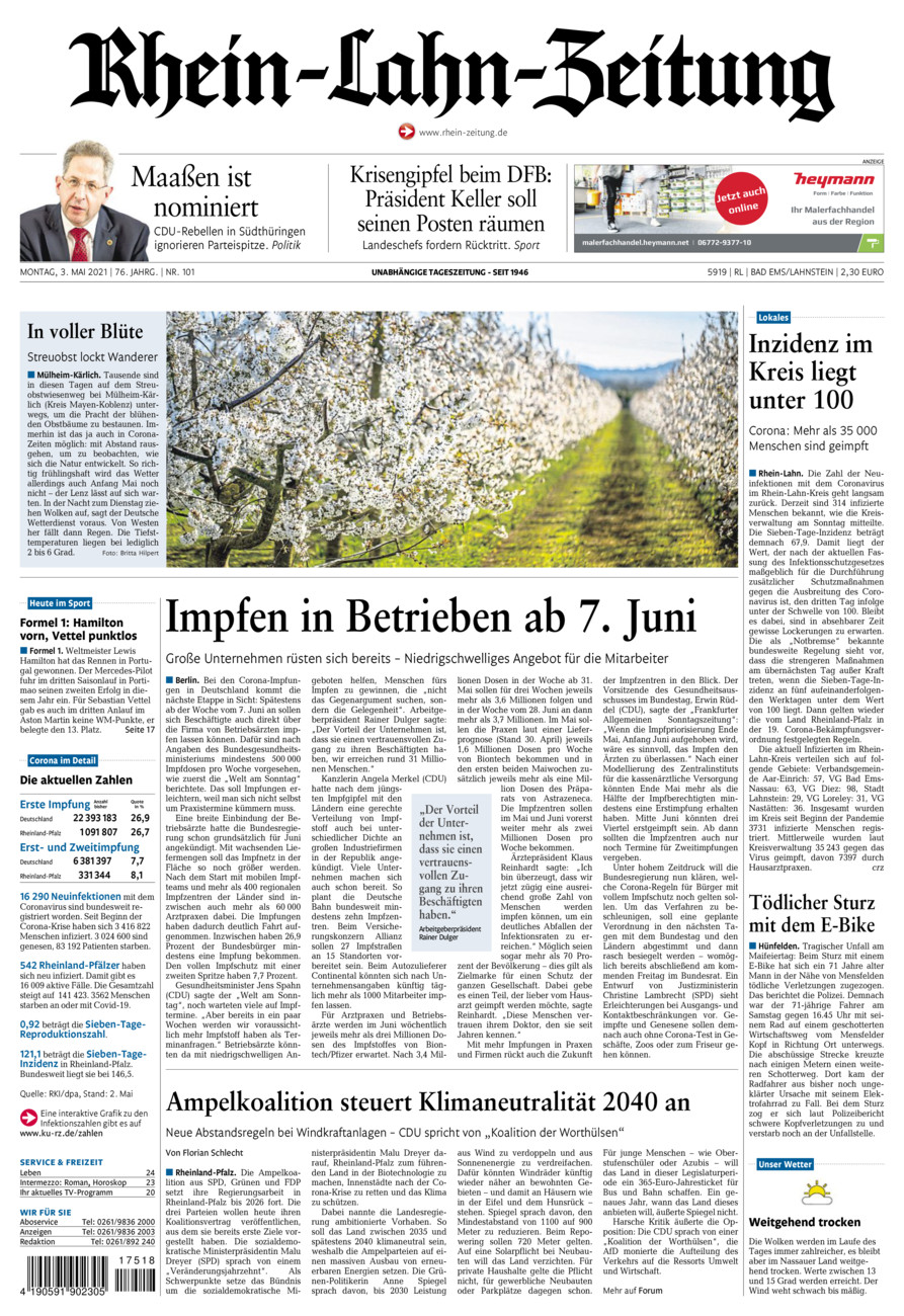 Rhein-Lahn-Zeitung vom Montag, 03.05.2021
