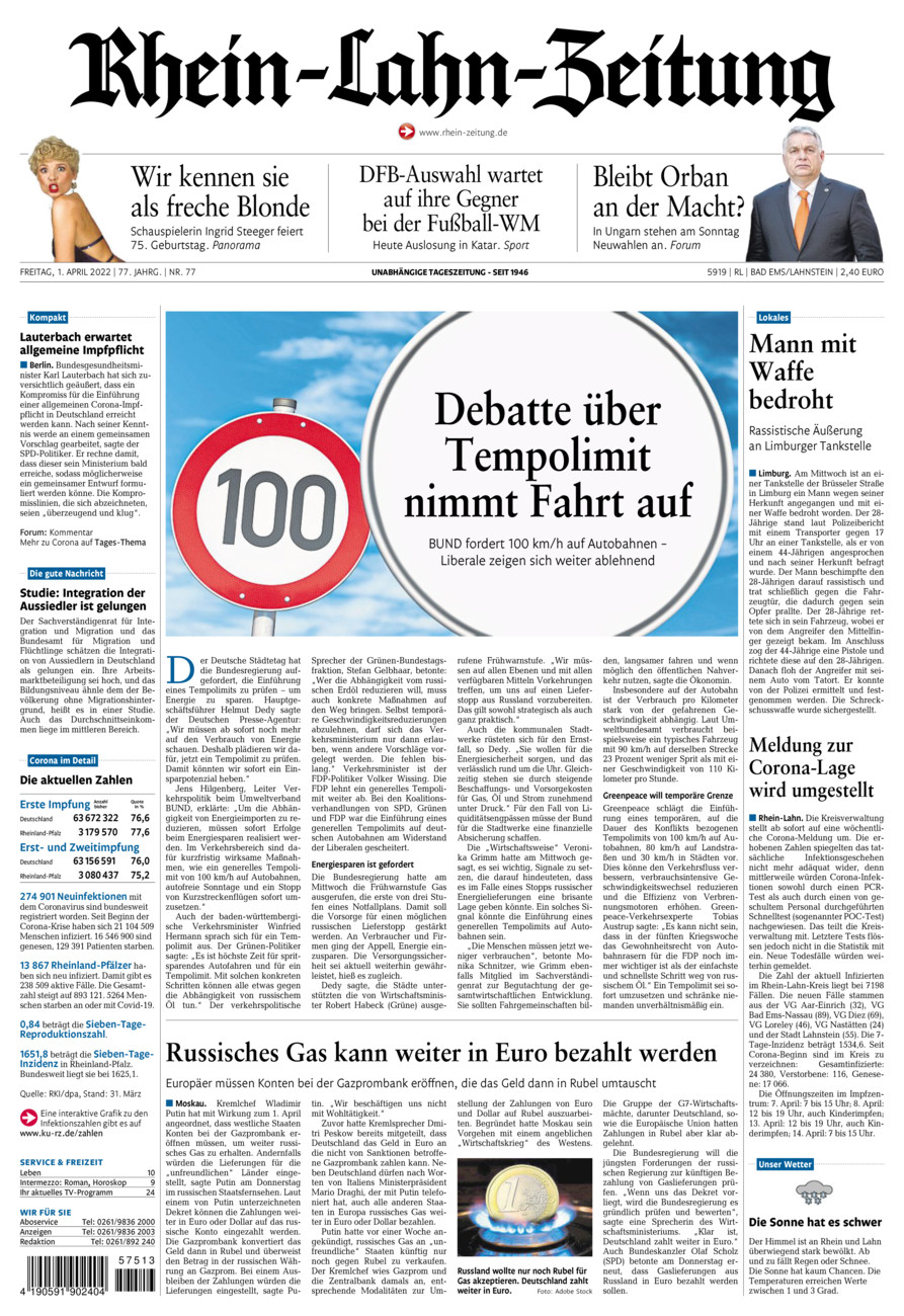 Rhein-Lahn-Zeitung vom Freitag, 01.04.2022